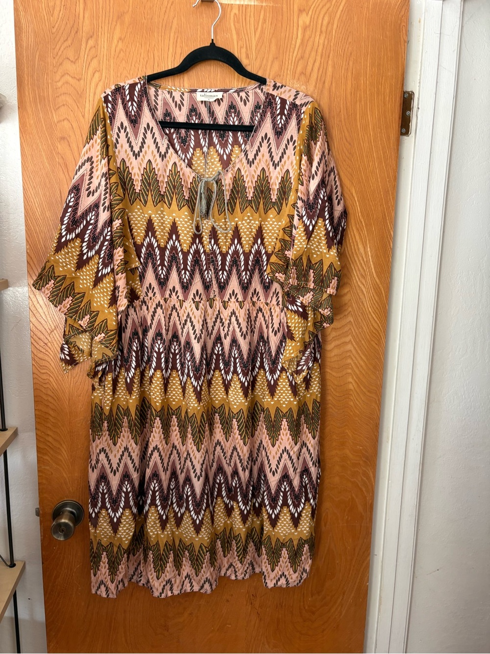 Talisman Boho Chevron Print Midi Dress in Pink and Mustard L